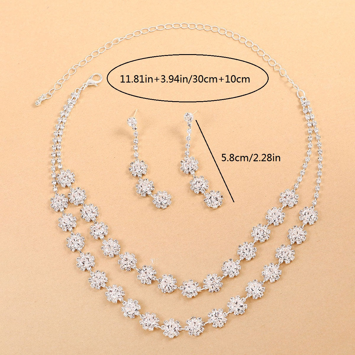 Necklace And Earrings Bridal/Birthday Decoration Set, Sparkling Full Rhinestone Claw Chain Pendant Earrings 1348 Silver